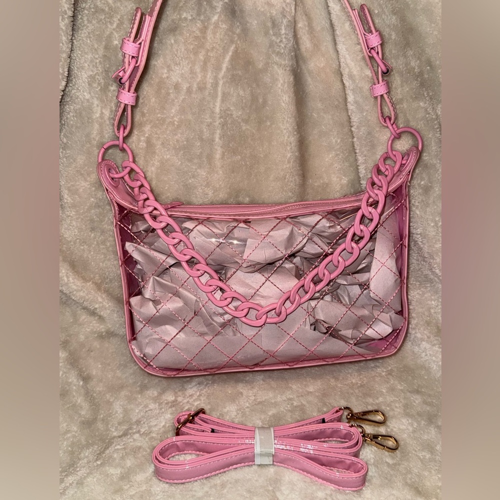 Steve Madden Clear Bubble Gum Pink Quilted Shoulder Crossbody Bag Matching Chain - Picture 12 of 16